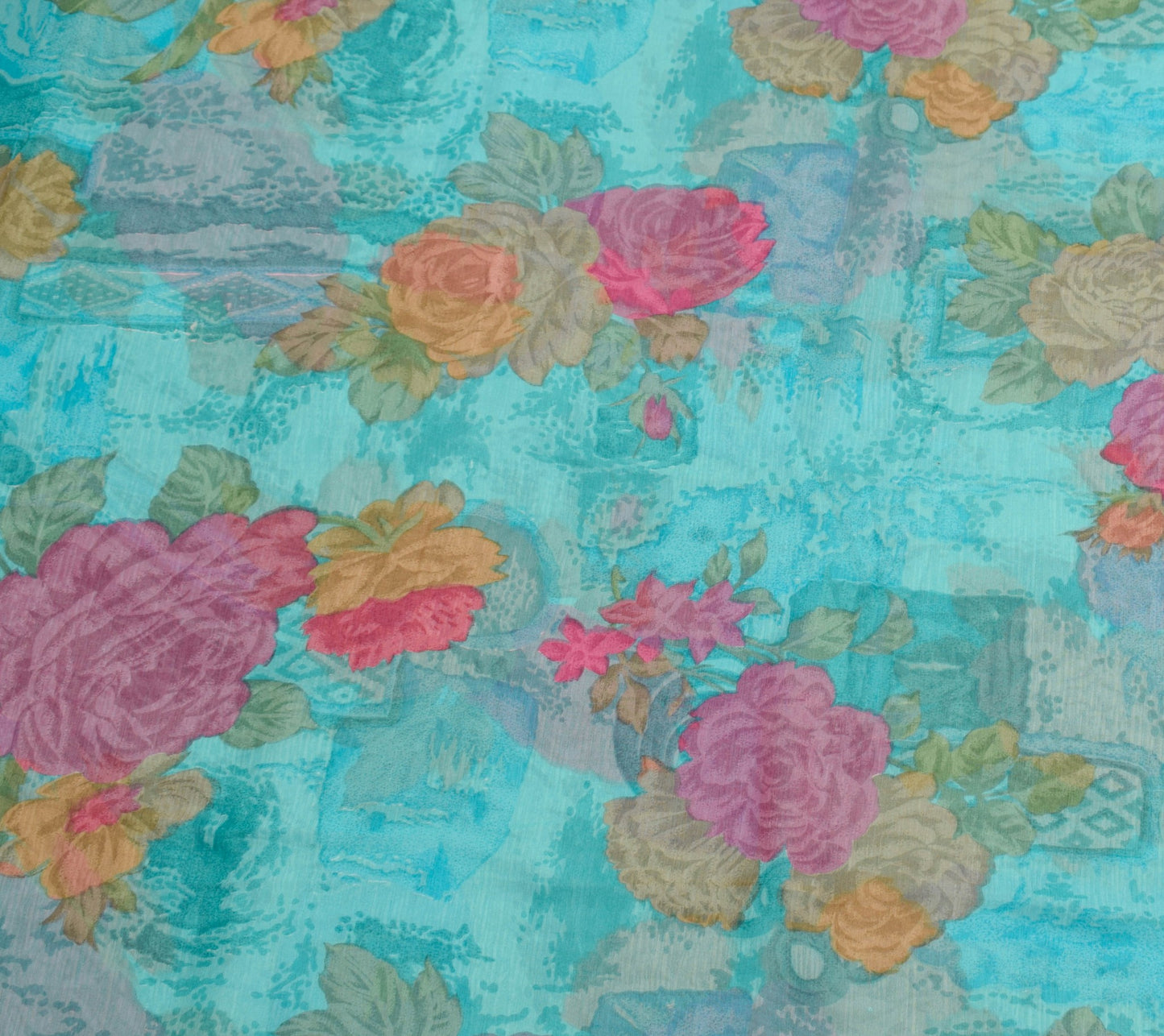 Sushila Vintage Aqua Blue Saree Pure Chiffon Silk Printed Floral Craft Fabric