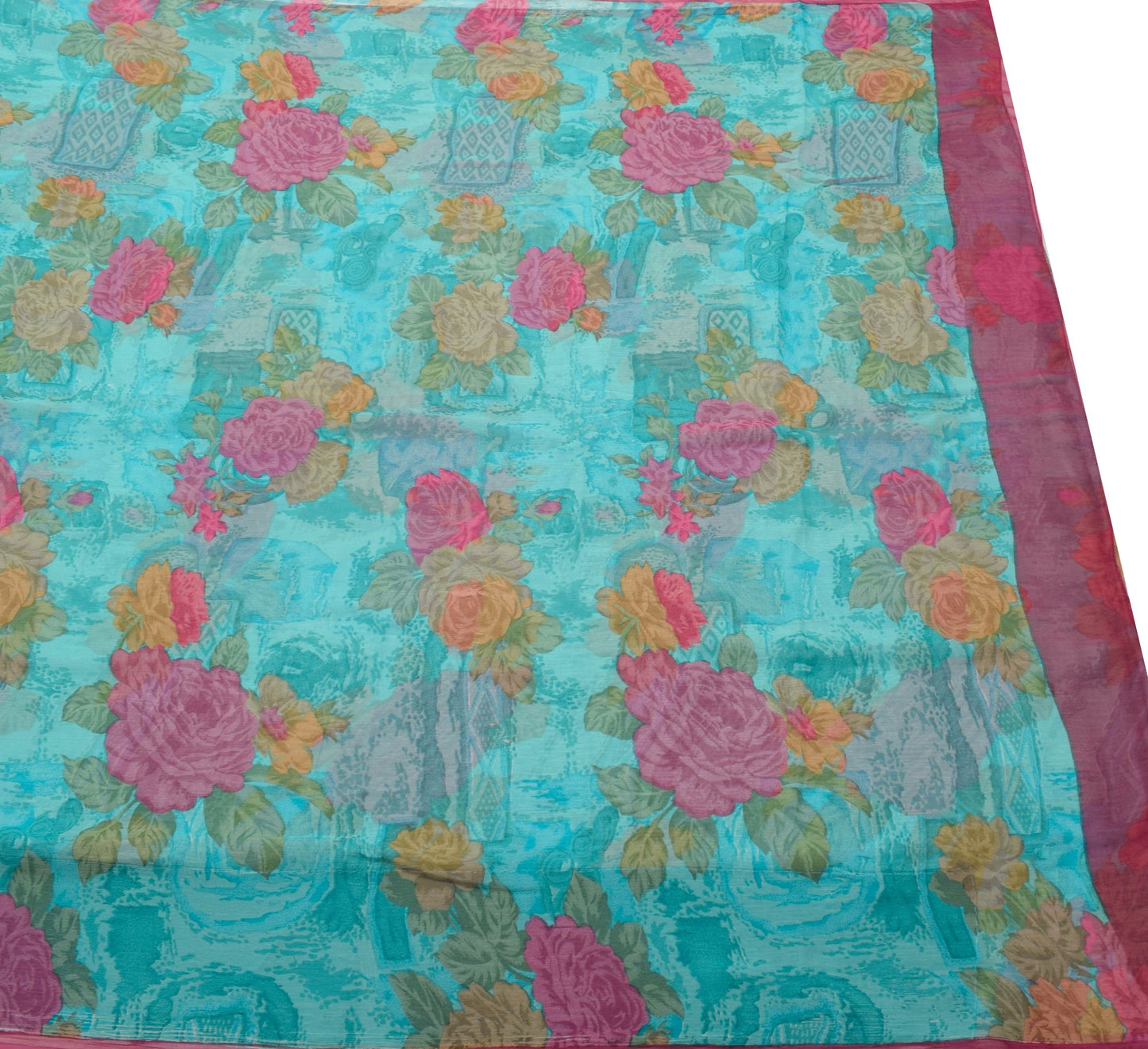 Sushila Vintage Aqua Blue Saree Pure Chiffon Silk Printed Floral Craft Fabric