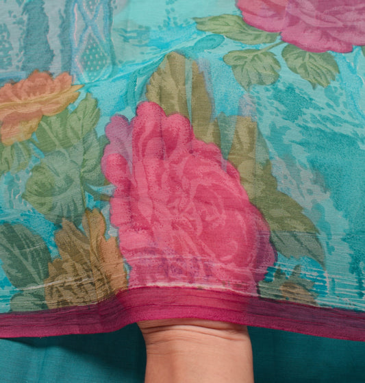 Sushila Vintage Aqua Blue Saree Pure Chiffon Silk Printed Floral Craft Fabric