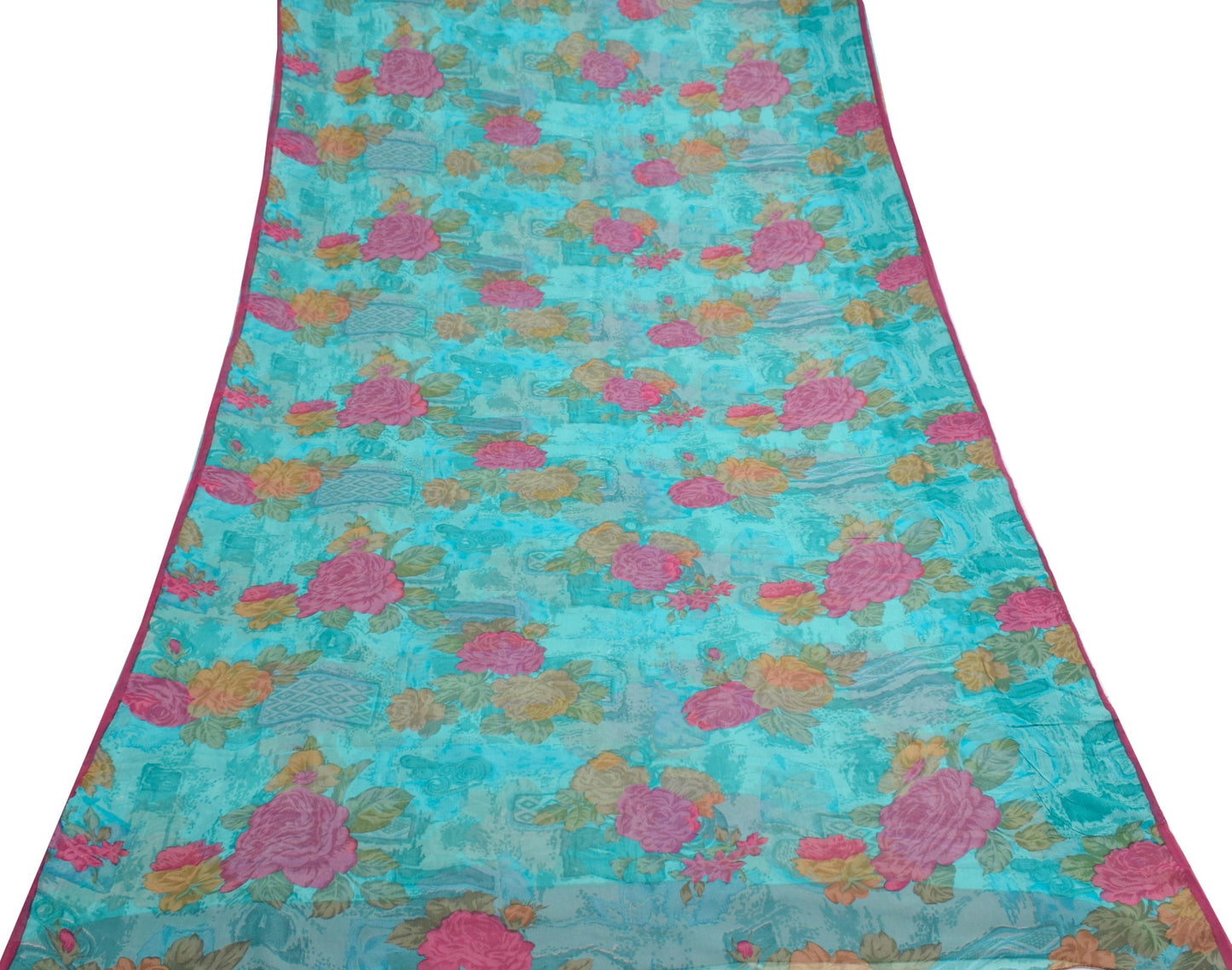 Sushila Vintage Aqua Blue Saree Pure Chiffon Silk Printed Floral Craft Fabric