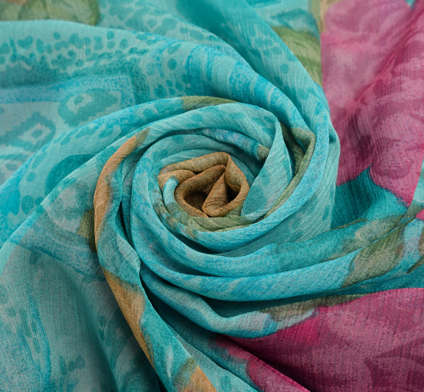 Sushila Vintage Aqua Blue Saree Pure Chiffon Silk Printed Floral Craft Fabric