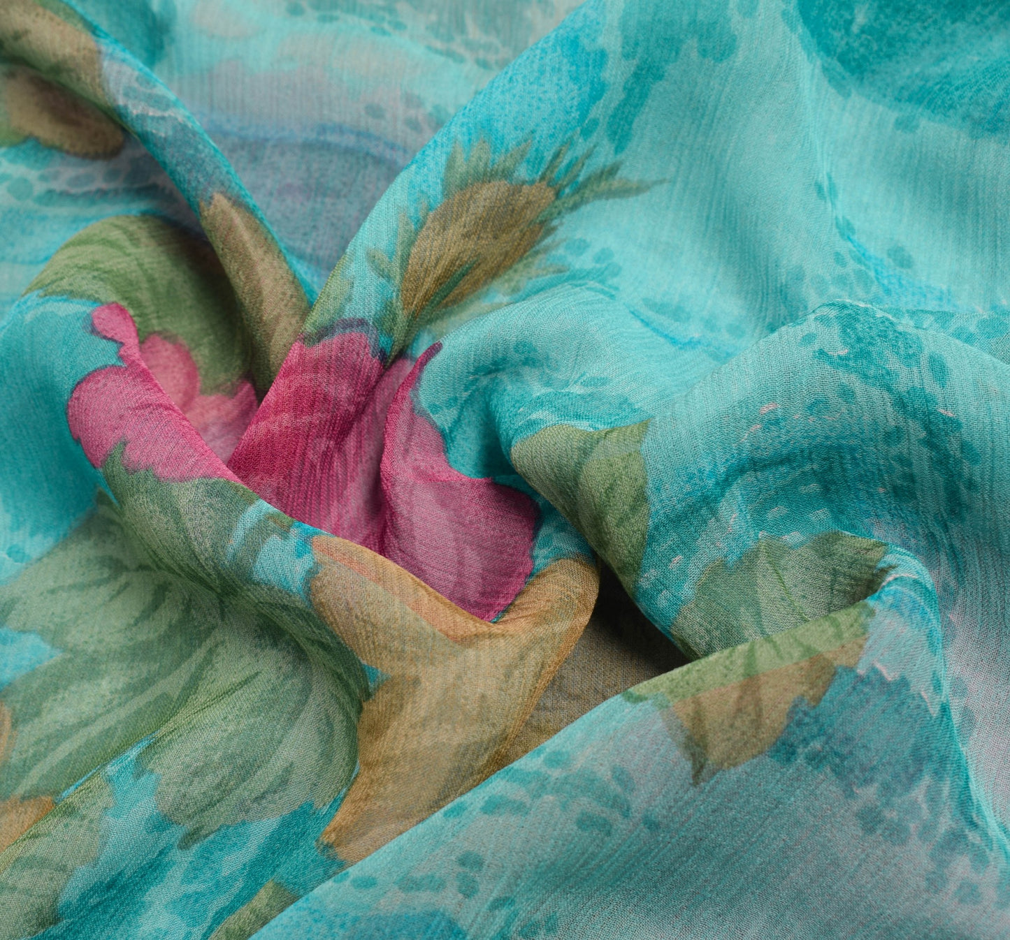 Sushila Vintage Aqua Blue Saree Pure Chiffon Silk Printed Floral Craft Fabric