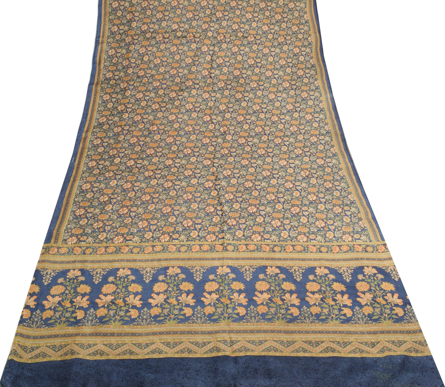 Sushila Vintage Blue Saree 100%Pure Silk Printed Floral Indian Soft Craft Fabric