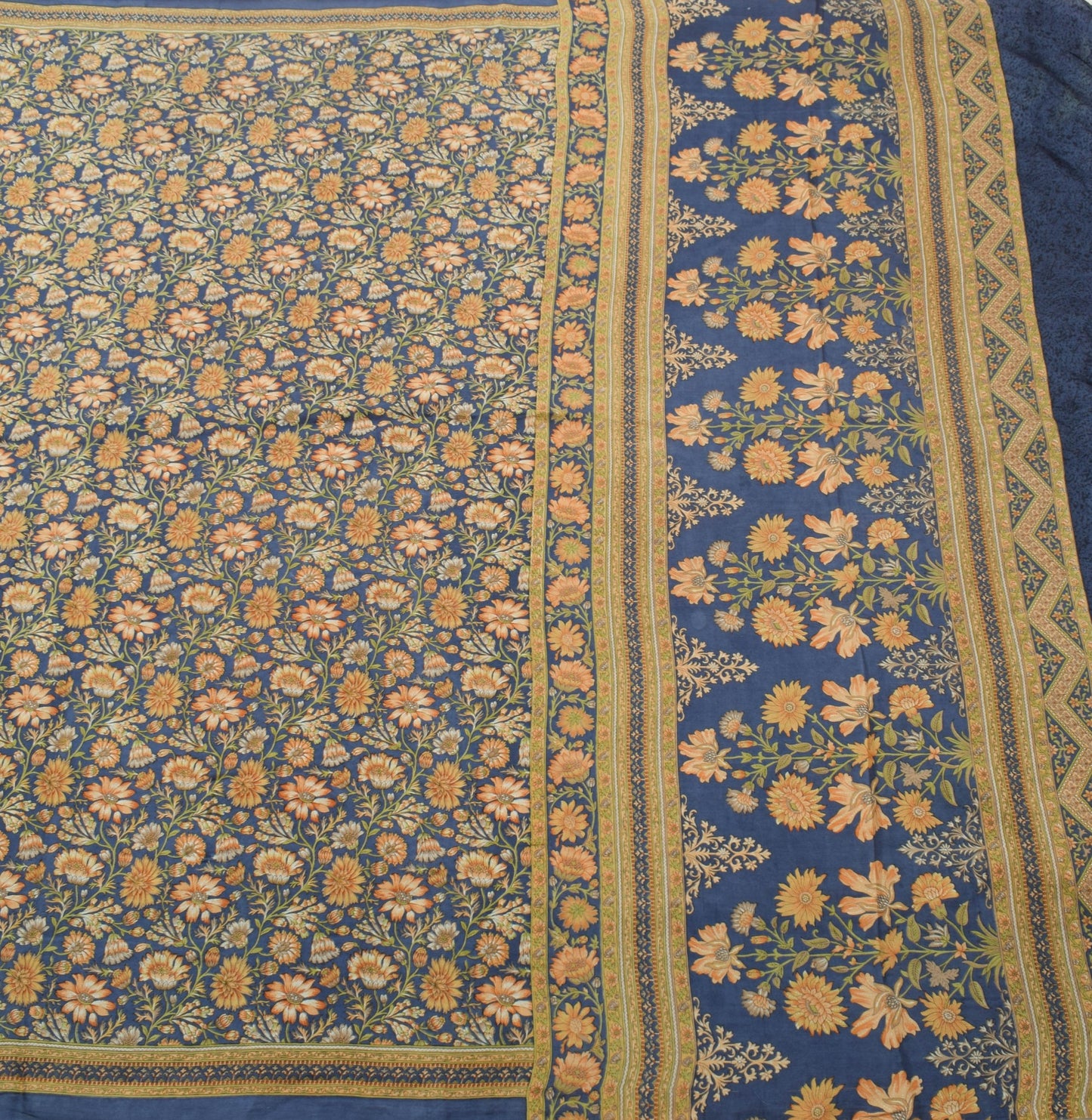 Sushila Vintage Blue Saree 100%Pure Silk Printed Floral Indian Soft Craft Fabric