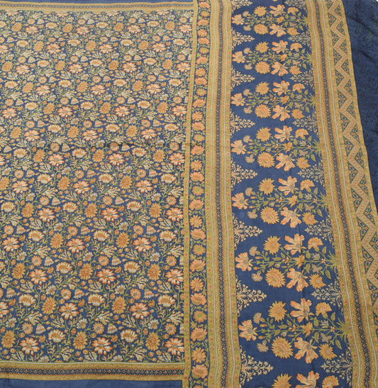 Sushila Vintage Blue Saree 100%Pure Silk Printed Floral Indian Soft Craft Fabric