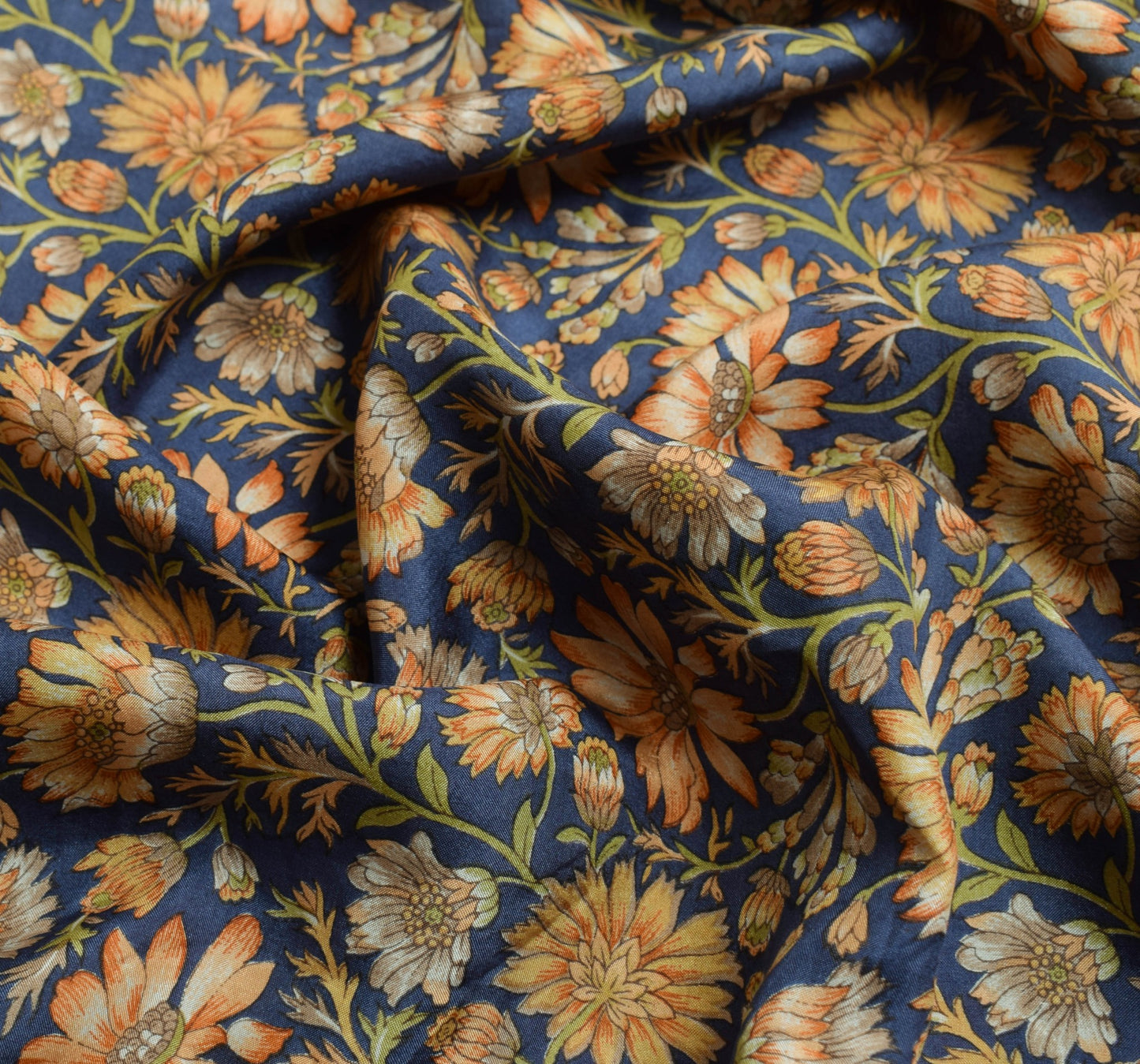 Sushila Vintage Blue Saree 100%Pure Silk Printed Floral Indian Soft Craft Fabric