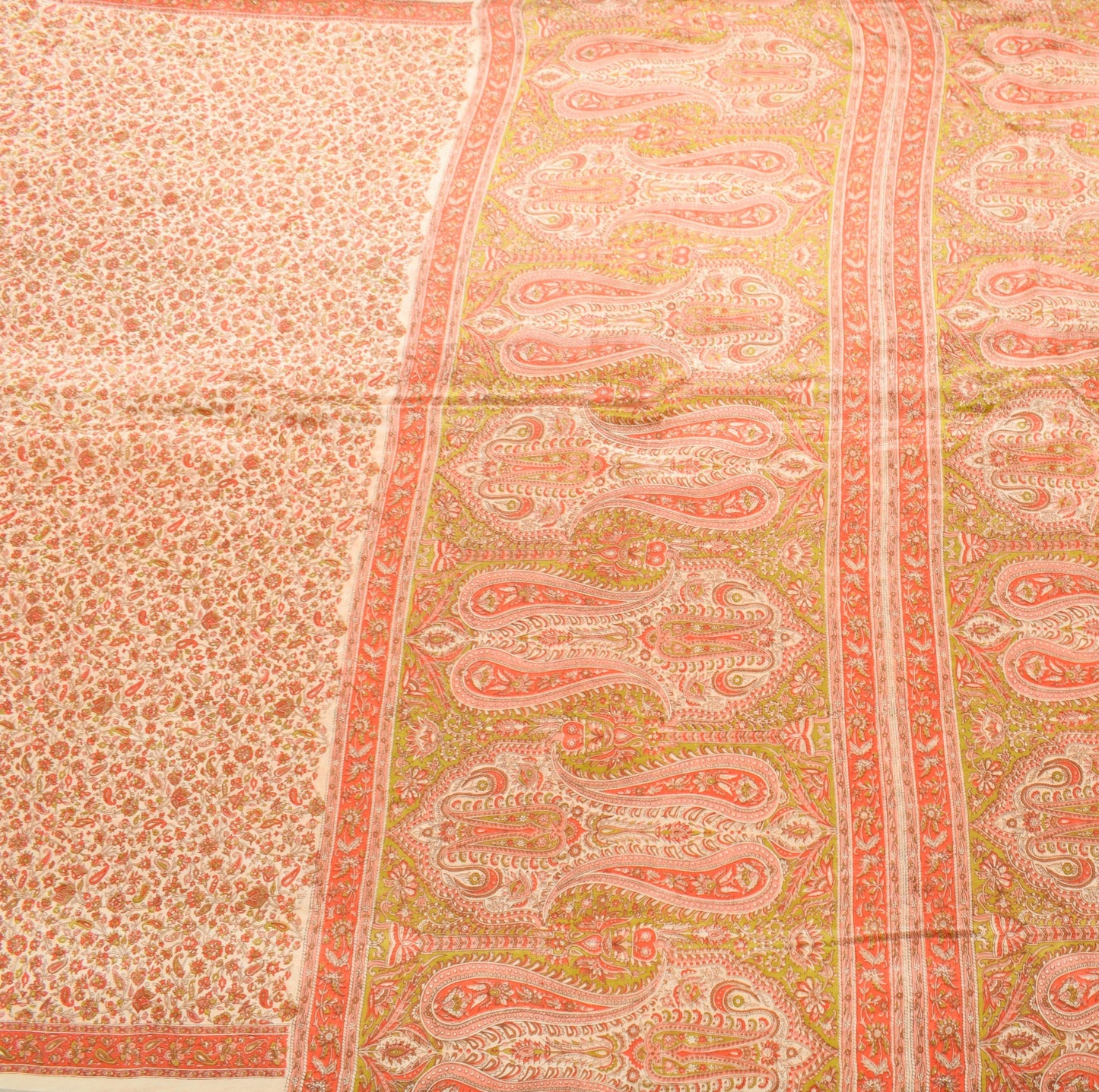 Sushila Vintage Floral Beige Saree 100% Pure Silk Printed 5 YD Soft Craft Fabric