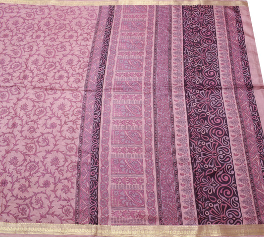 Sushila Vintage Mauve Saree 100% Pure Silk Printed Floral 5 YD Soft Craft Fabric