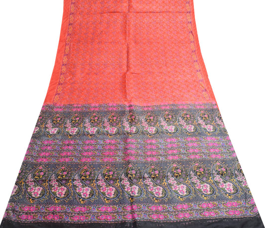 Sushila Vintage Red Saree 100% Pure Silk Paisley Printed Indian 5YD Craft Fabric