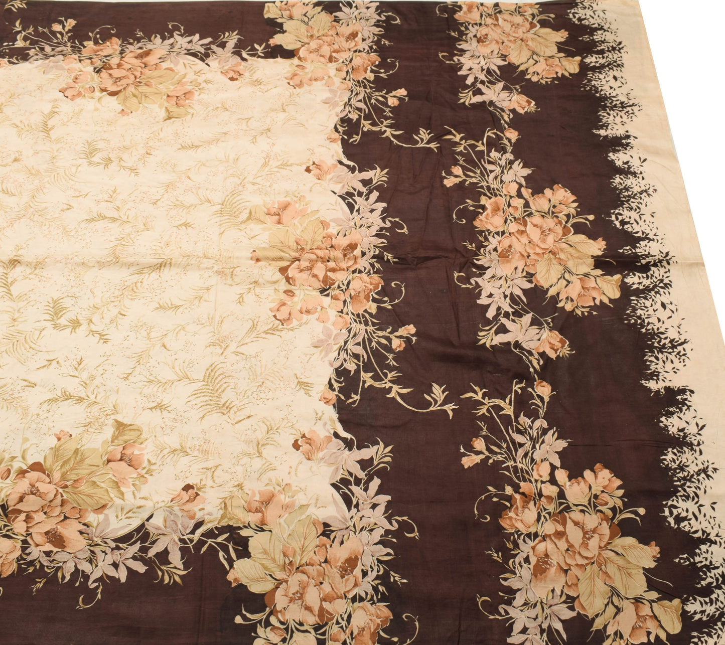 Sushila Vintage Floral Cream Saree Indian Pure Silk Printed Soft Craft Fabric