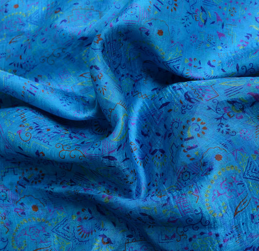 Sushila Vintage Turquoise Blue Saree 100% Pure Silk Printed Soft Craft Fabric