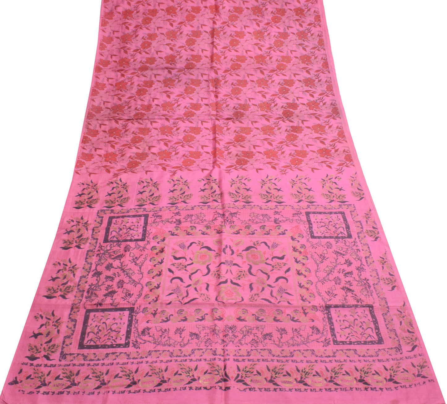 Sushila Vintage Floral Pink Saree 100% Pure Silk Printed Soft 5 YD Craft Fabric