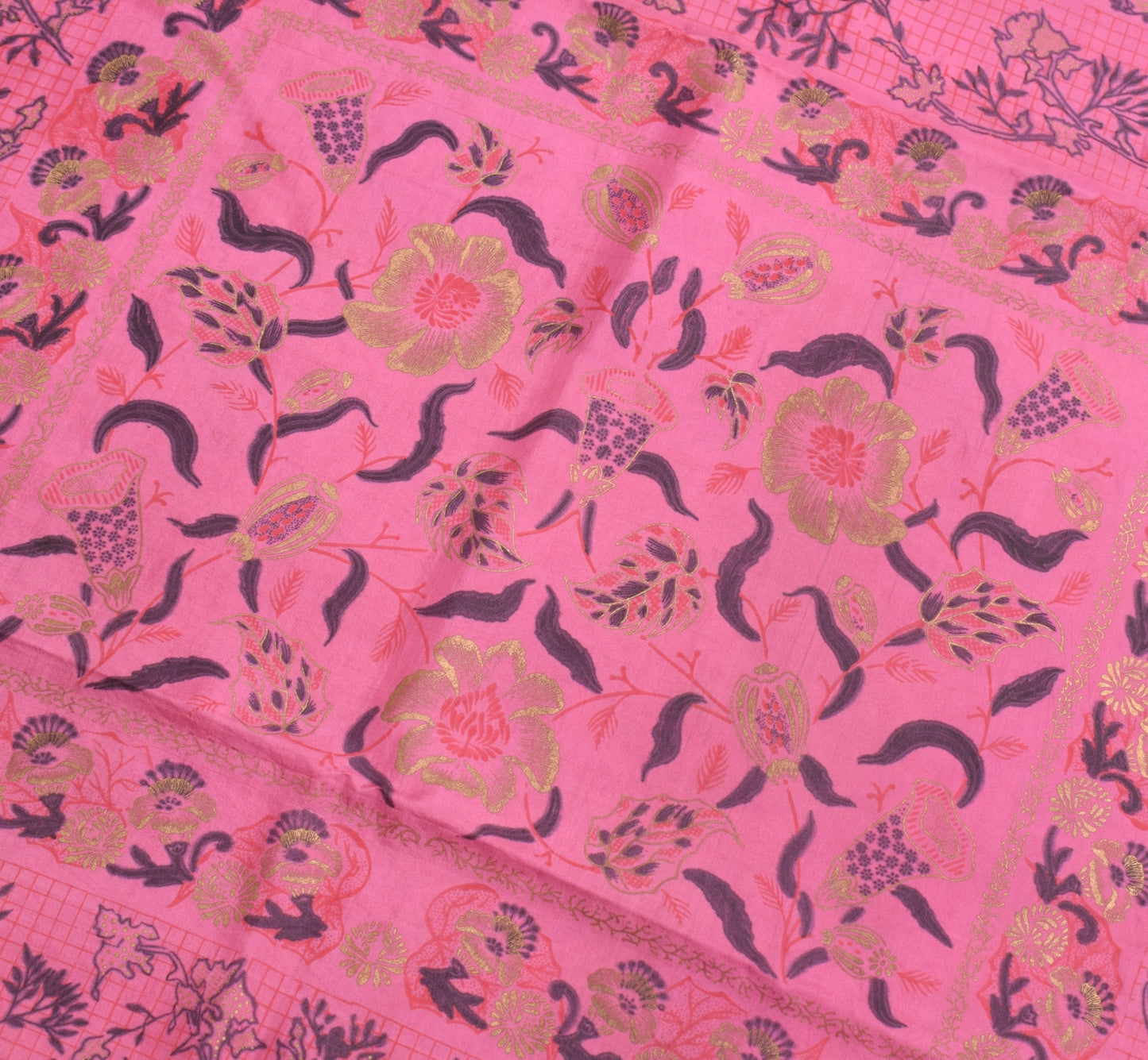 Sushila Vintage Floral Pink Saree 100% Pure Silk Printed Soft 5 YD Craft Fabric