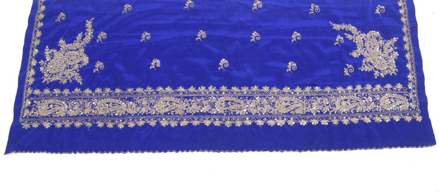 Sushila Vintage Blue Silk Sari Remnant Scrap Zari Embroidery Floral Craft Fabric