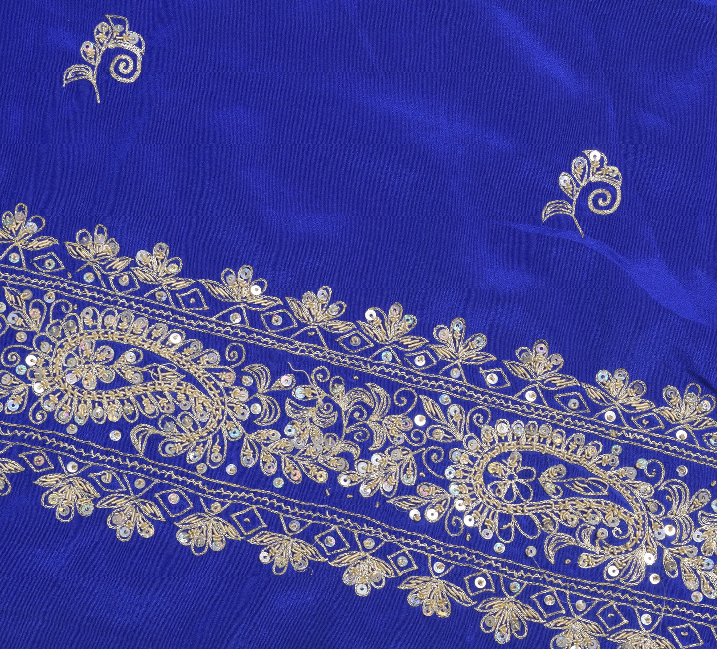 Sushila Vintage Blue Silk Sari Remnant Scrap Zari Embroidery Floral Craft Fabric