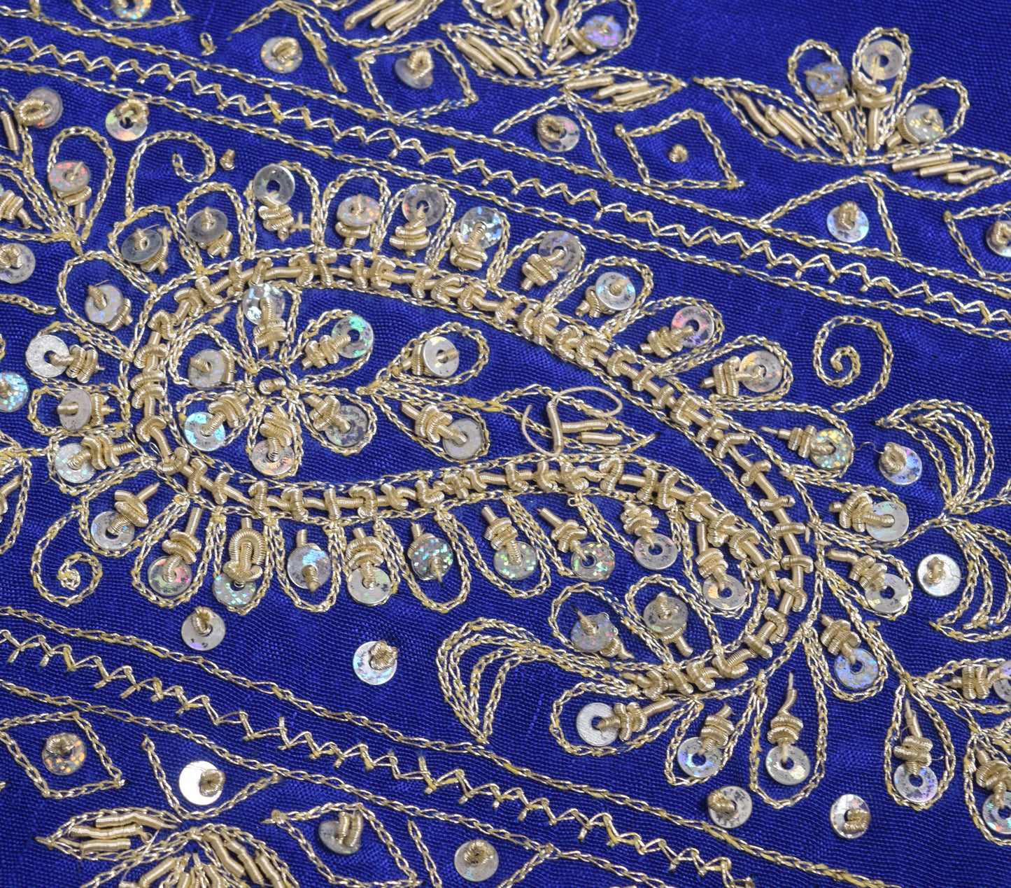 Sushila Vintage Blue Silk Sari Remnant Scrap Zari Embroidery Floral Craft Fabric