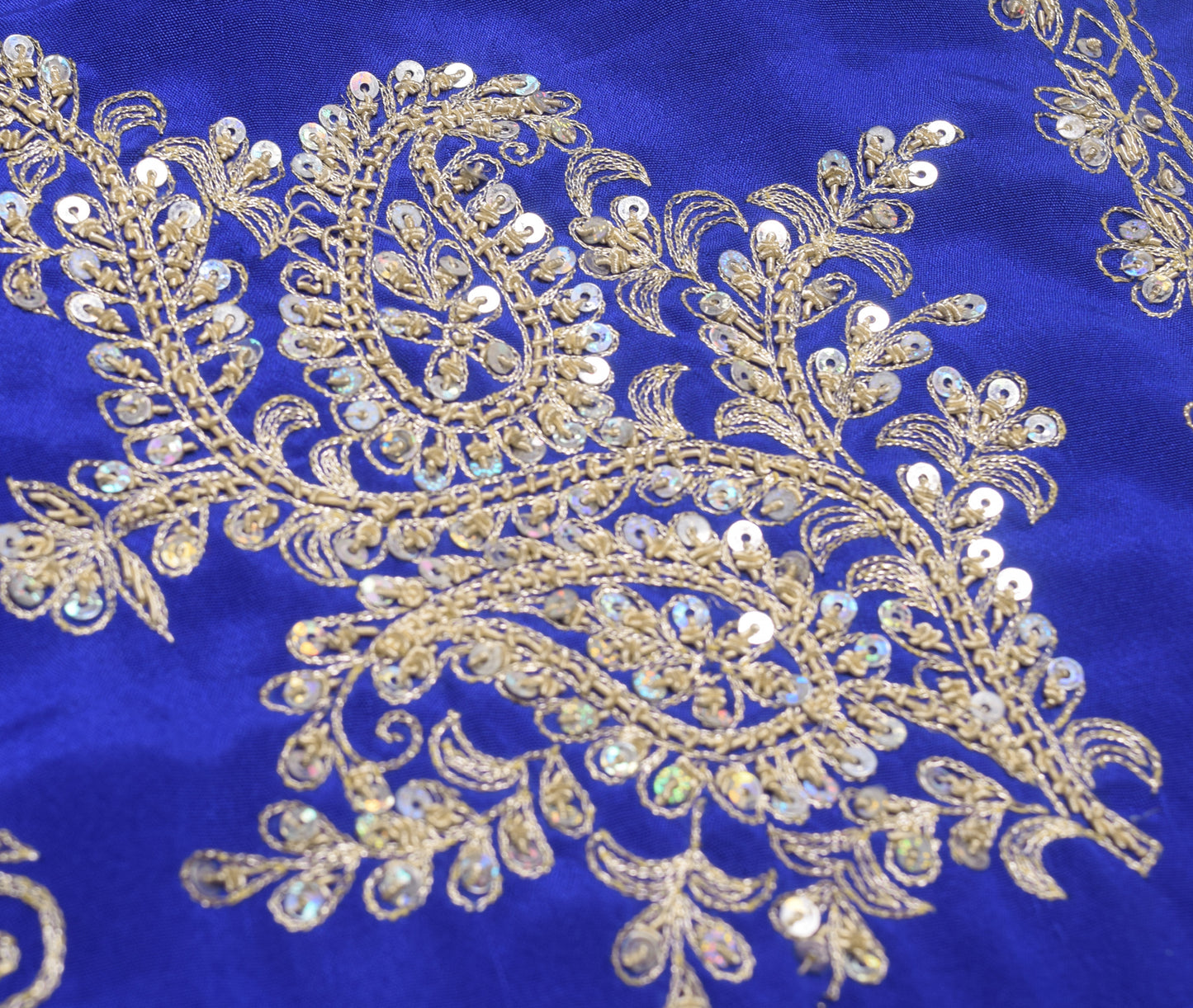 Sushila Vintage Blue Silk Sari Remnant Scrap Zari Embroidery Floral Craft Fabric