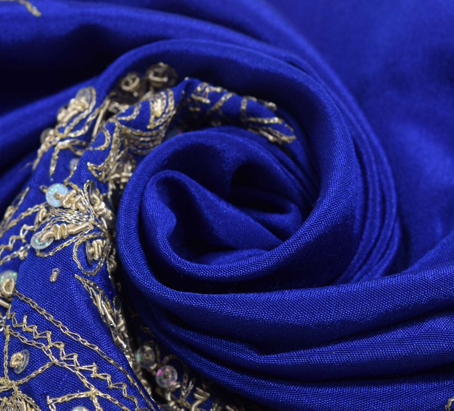 Sushila Vintage Blue Silk Sari Remnant Scrap Zari Embroidery Floral Craft Fabric