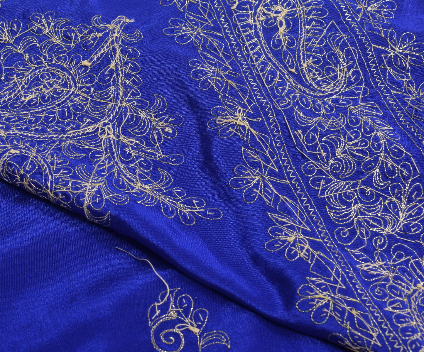 Sushila Vintage Blue Silk Sari Remnant Scrap Zari Embroidery Floral Craft Fabric