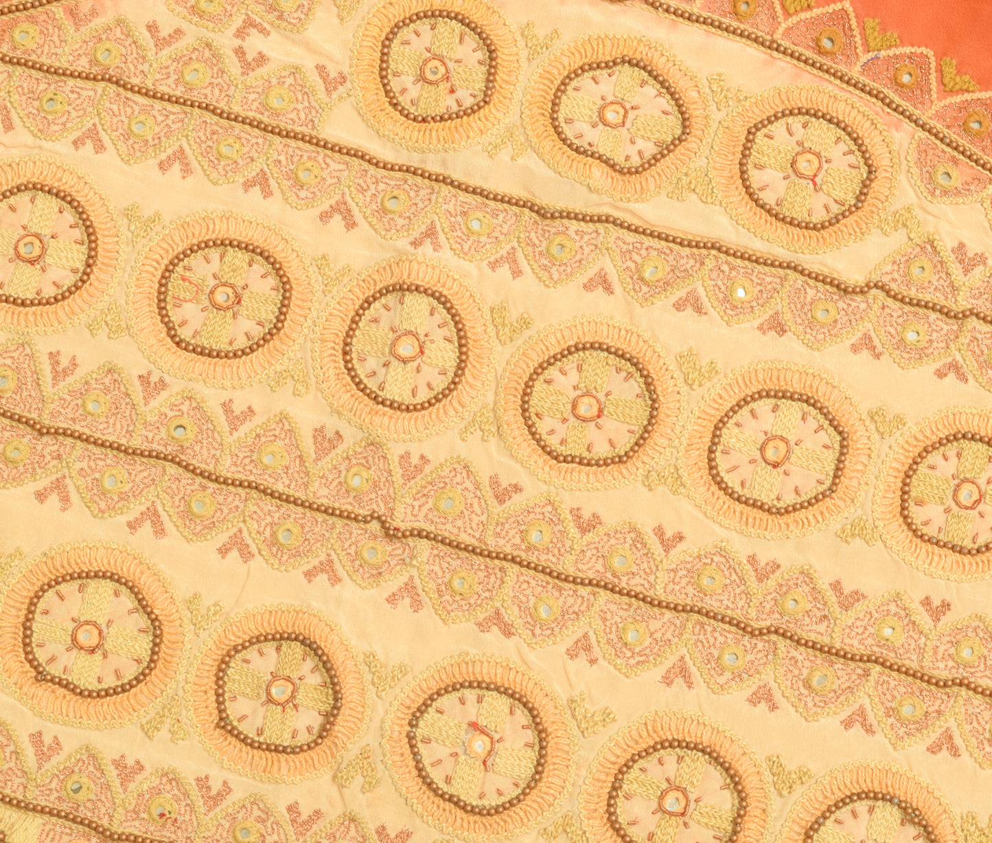 Sushila Vintage Cream Sari Remnant Scrap Pure Crepe Embroidered Craft Fabric