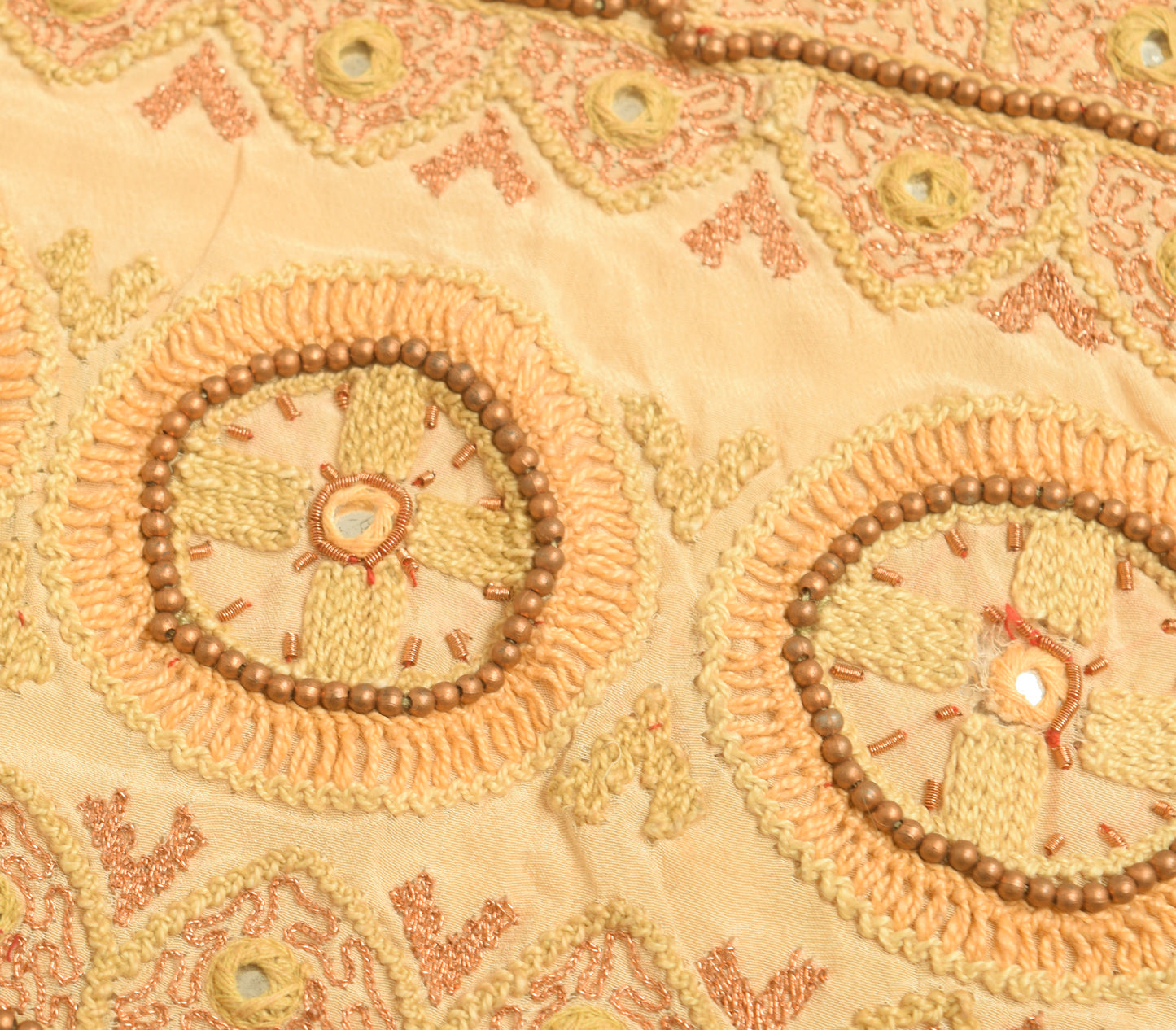 Sushila Vintage Cream Sari Remnant Scrap Pure Crepe Embroidered Craft Fabric