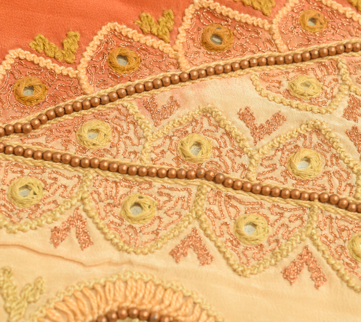 Sushila Vintage Cream Sari Remnant Scrap Pure Crepe Embroidered Craft Fabric