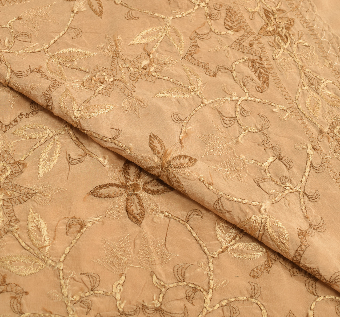 Sushila Vintage Sari Remnant Scrap Pure Crepe Embroidered Floral Craft Fabric