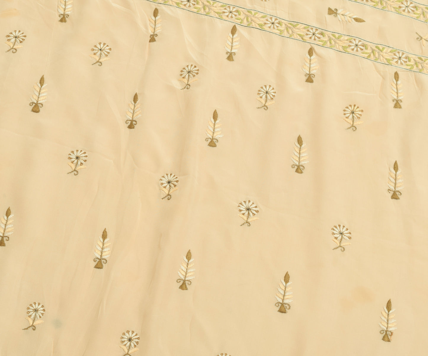 Sushila Vintage Beige Floral Sari Remnant Scrap Multi Purpose Crepe Craft Fabric