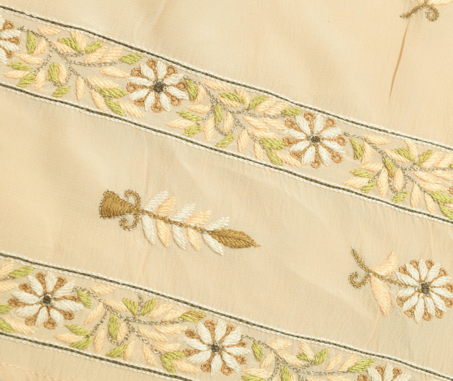 Sushila Vintage Beige Floral Sari Remnant Scrap Multi Purpose Crepe Craft Fabric