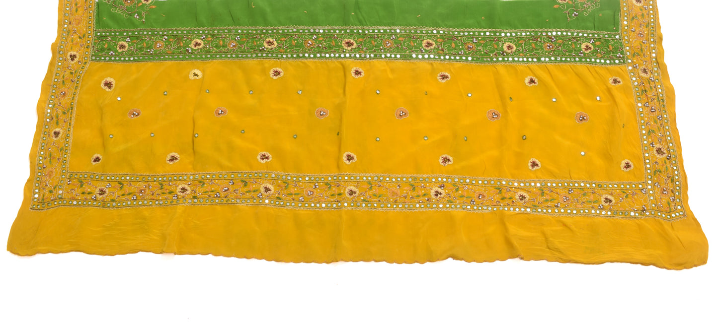 Sushila Vintage Sari Remnant Scrap Crepe Silk Mustard Embroidered Craft Fabric