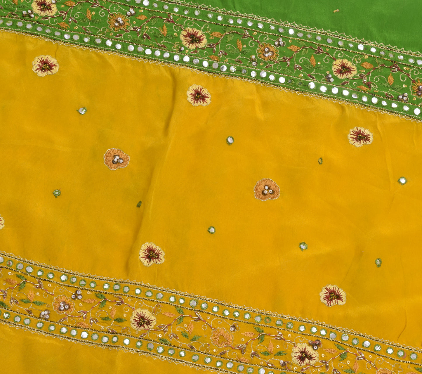 Sushila Vintage Sari Remnant Scrap Crepe Silk Mustard Embroidered Craft Fabric