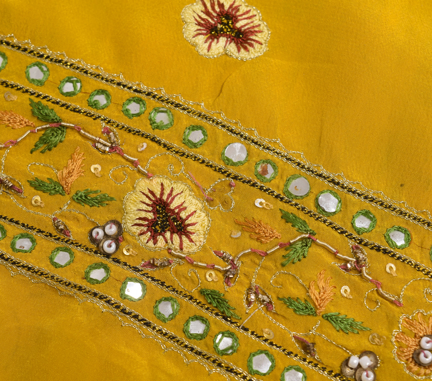 Sushila Vintage Sari Remnant Scrap Crepe Silk Mustard Embroidered Craft Fabric