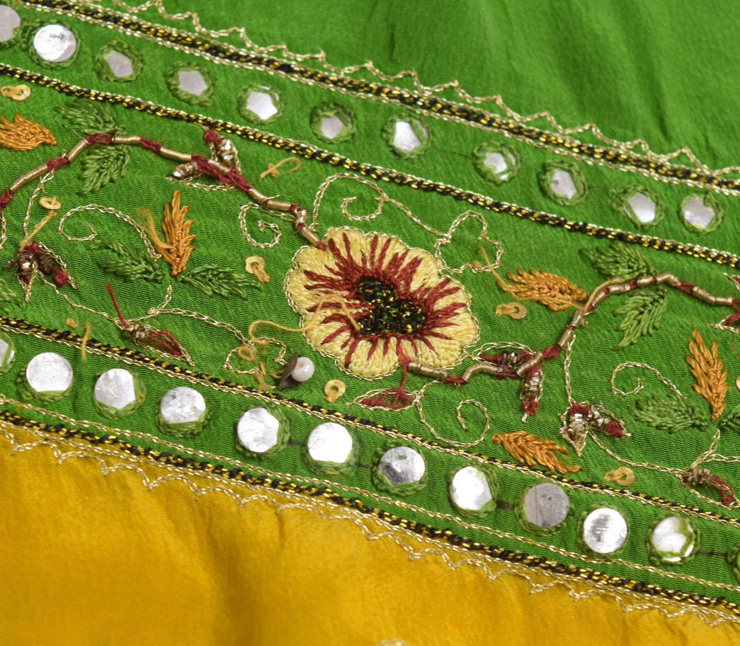 Sushila Vintage Sari Remnant Scrap Crepe Silk Mustard Embroidered Craft Fabric