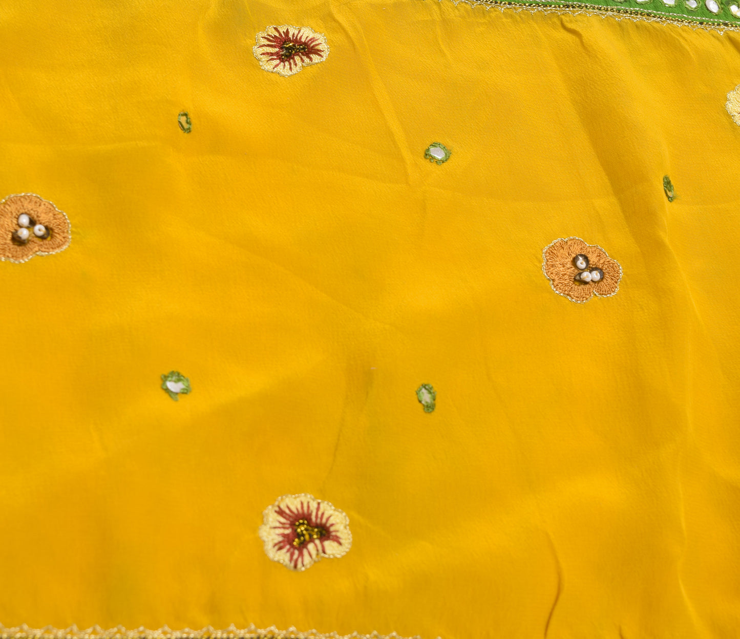 Sushila Vintage Sari Remnant Scrap Crepe Silk Mustard Embroidered Craft Fabric