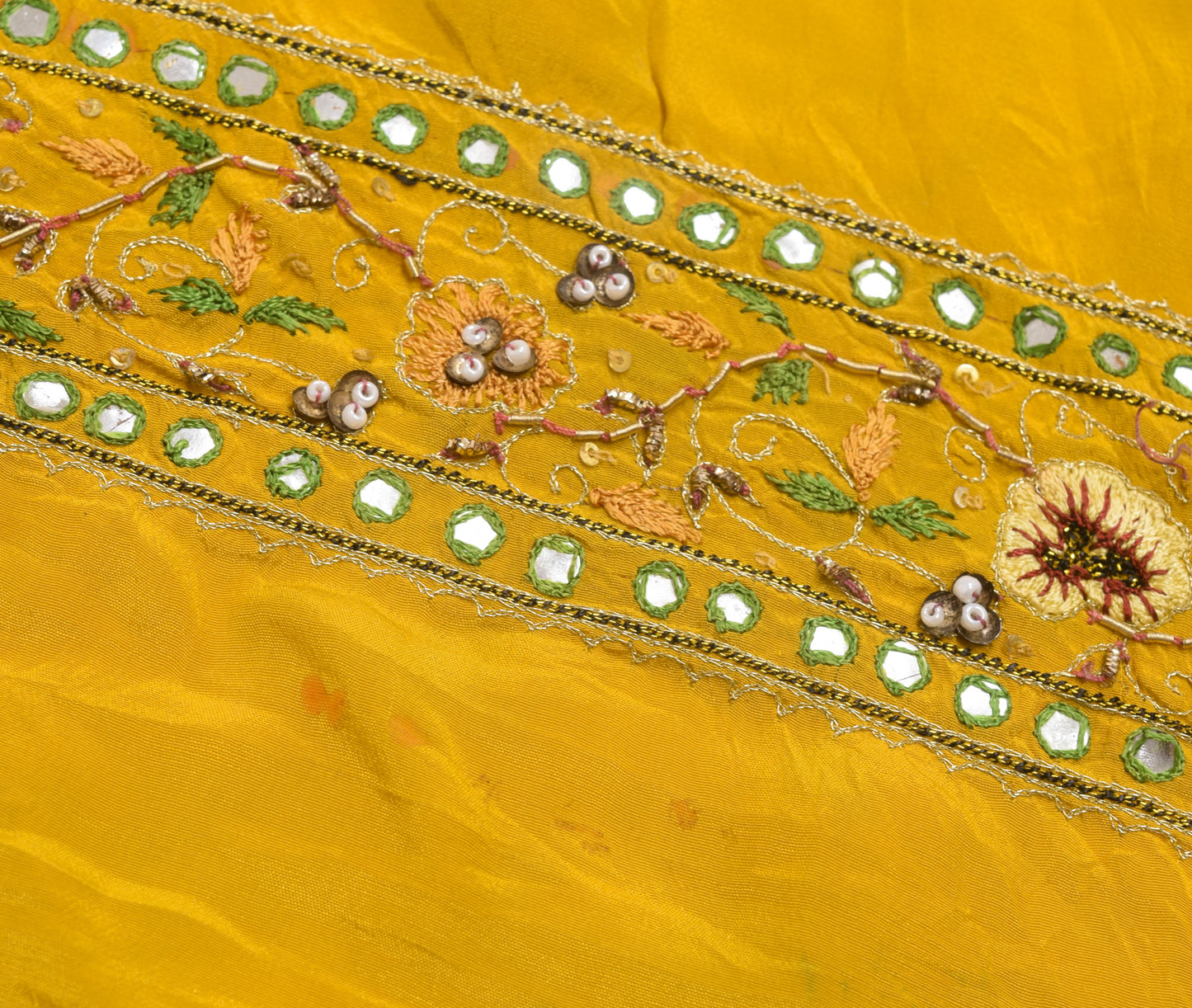 Sushila Vintage Sari Remnant Scrap Crepe Silk Mustard Embroidered Craft Fabric