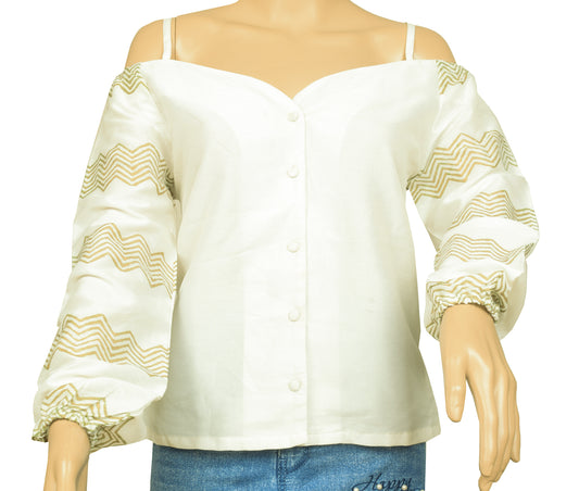 Sushila Vintage White Branded Stitched Sari Blouse Off Shoulder Printed Top 38