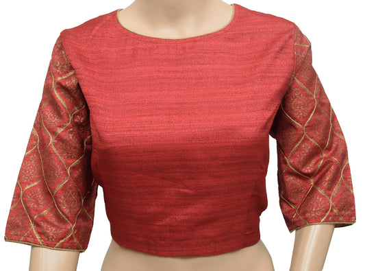 Sushila Vintage Maroon Branded Stitched Sari Blouse Silk Printed Crop Top 38