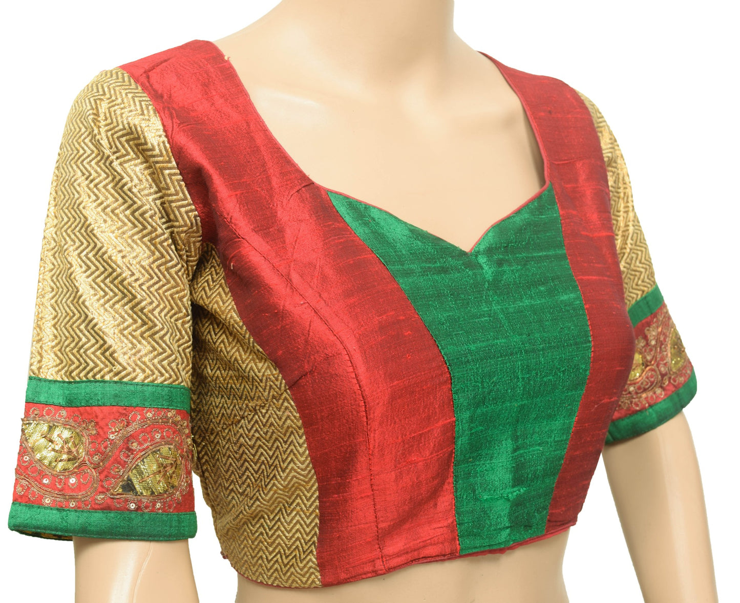 Sushila Vintage Green Red Stitched Silk Sari Blouse Woven Designer Choli Size 38