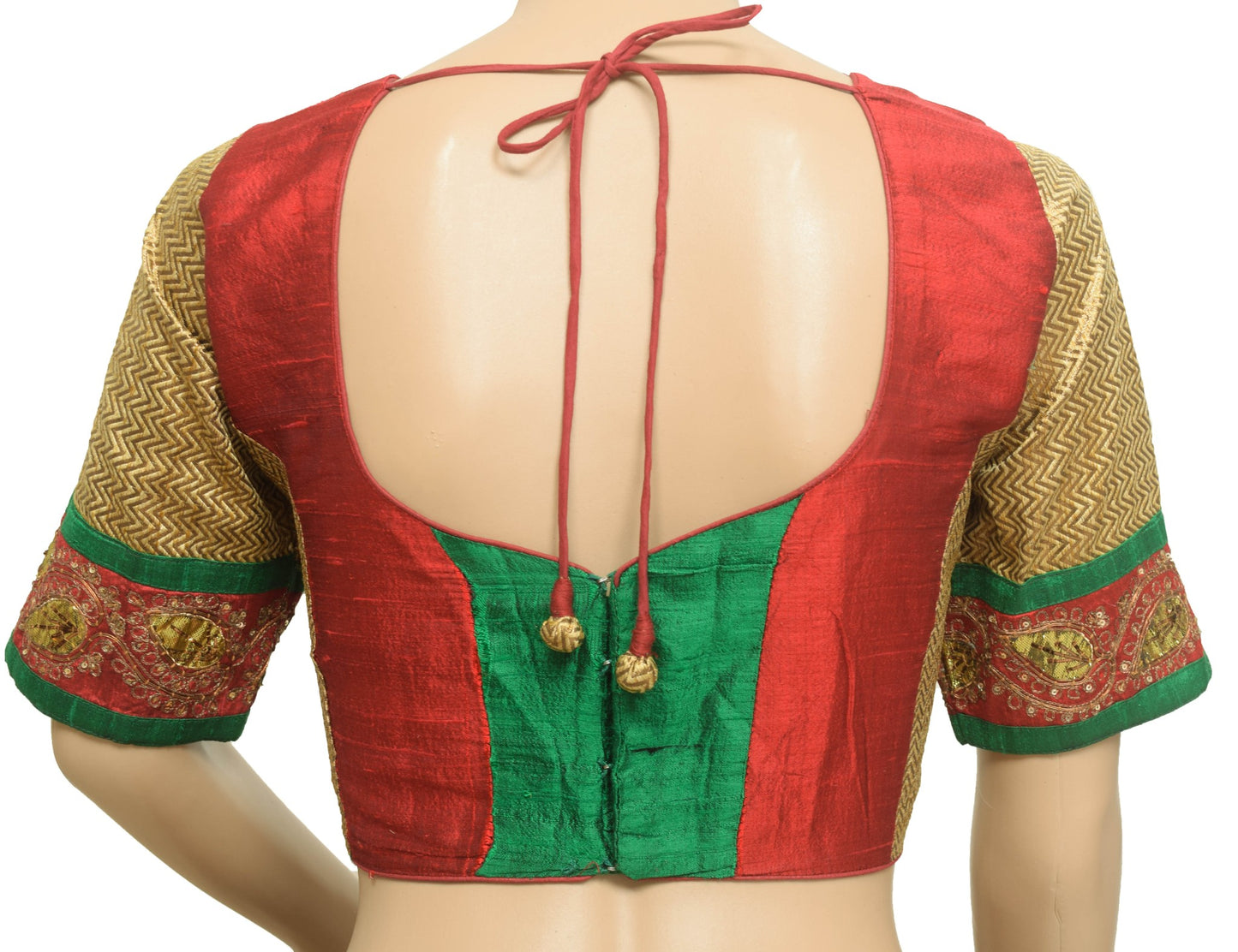 Sushila Vintage Green Red Stitched Silk Sari Blouse Woven Designer Choli Size 38