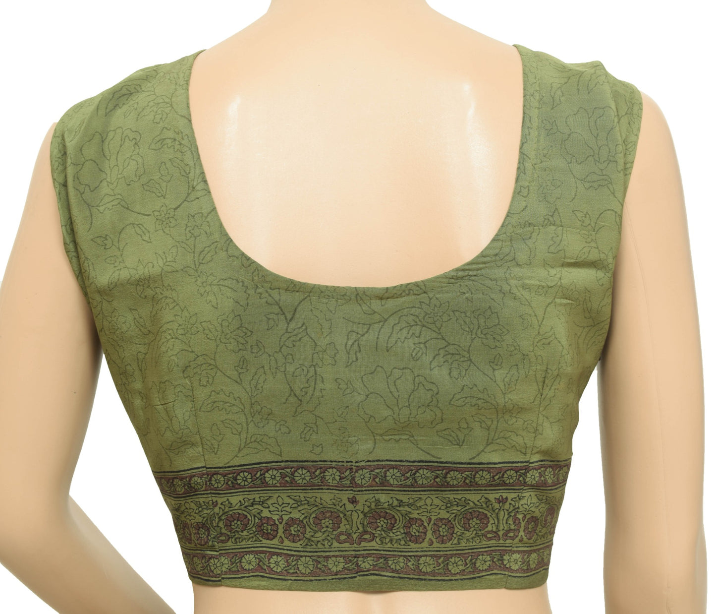 Size 42 Vintage Sleeveless Stitched Green Sari Blouse Hand Block Printed Choli