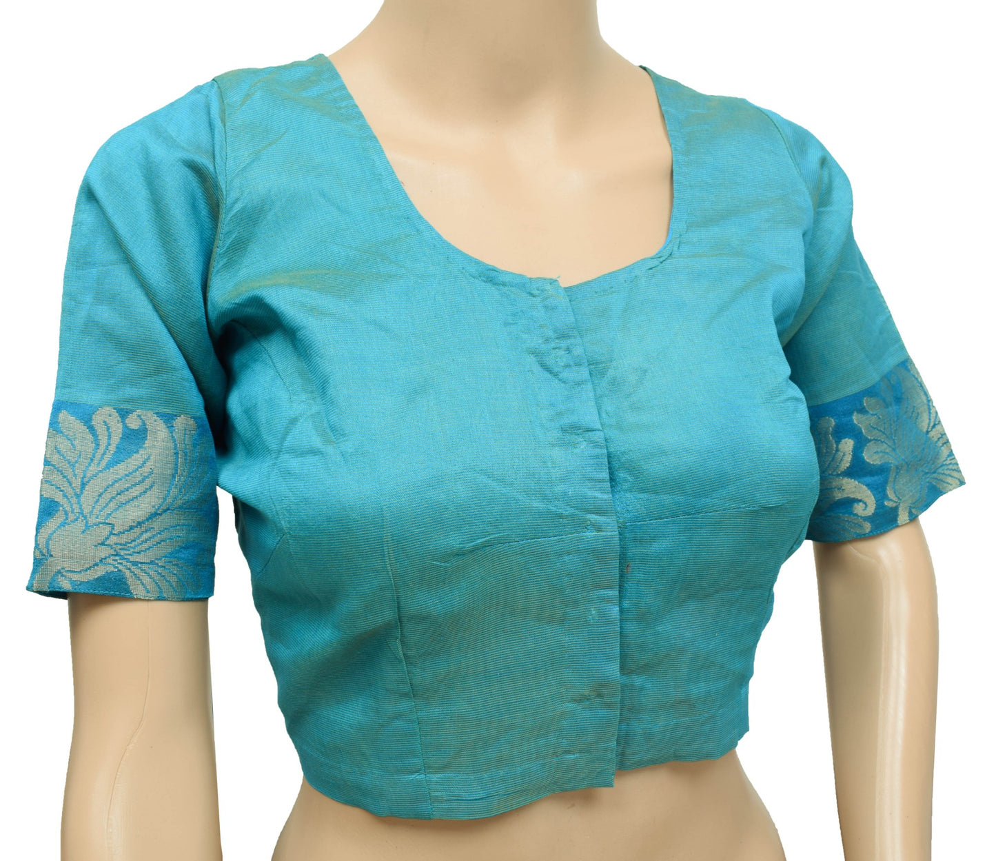 Sushila Vintage Turquoise Blue Stitched Sari Blouse Silk Woven Choli Top Size 36