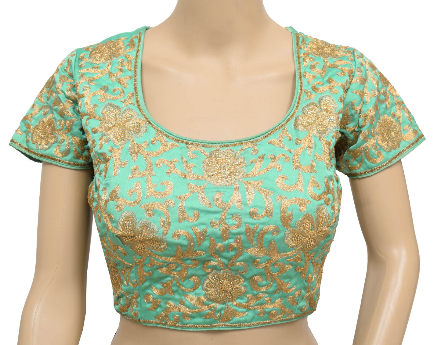 Sushila Vintage Readymade Sari Blouse Aqua Green Zari Embroidered Choli Size 34