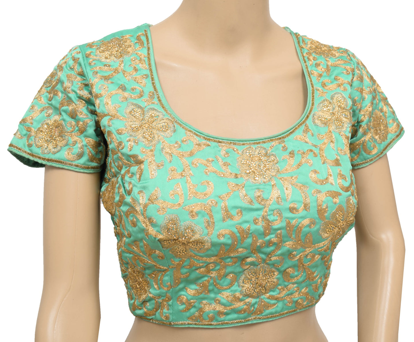 Sushila Vintage Readymade Sari Blouse Aqua Green Zari Embroidered Choli Size 34