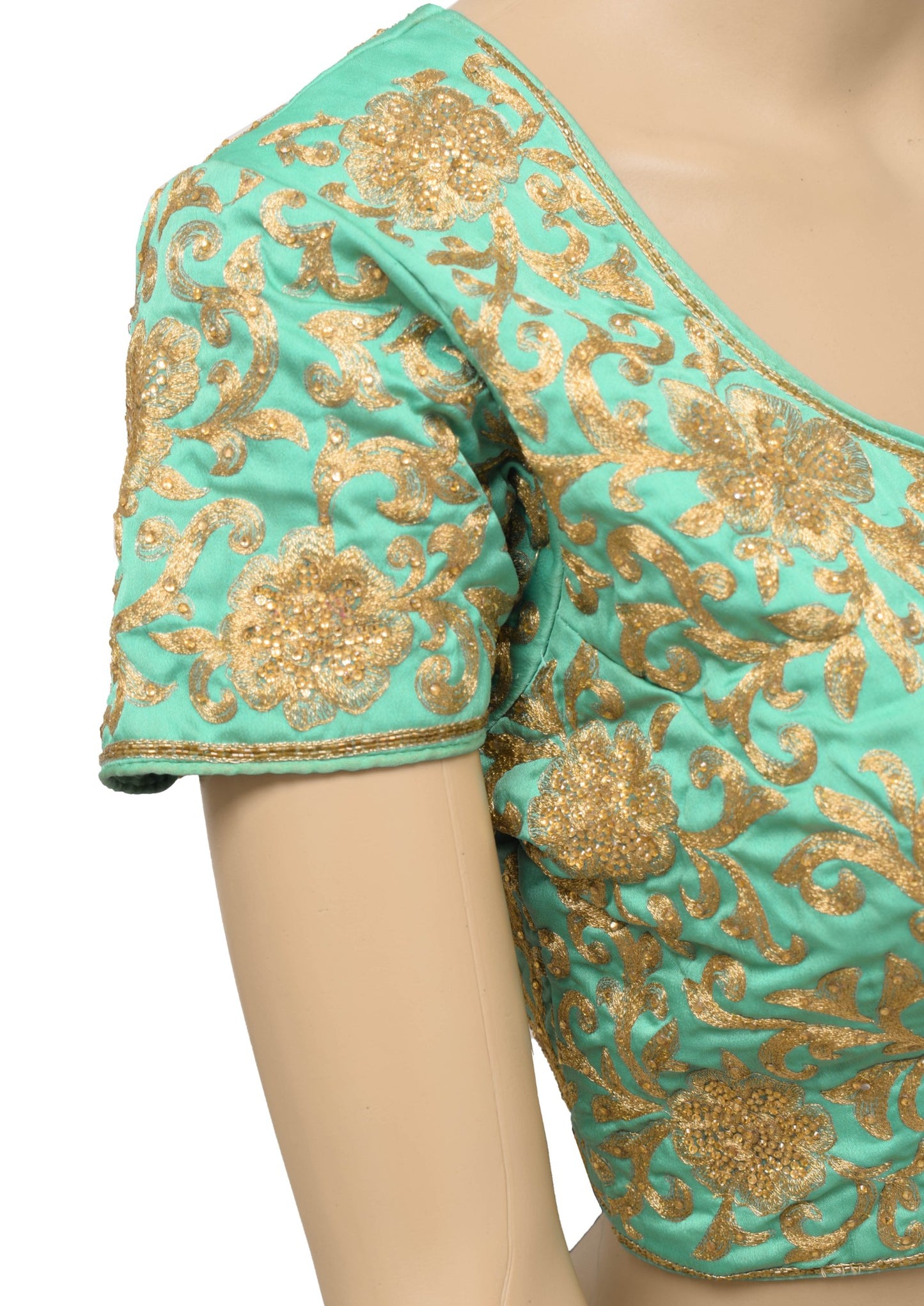 Sushila Vintage Readymade Sari Blouse Aqua Green Zari Embroidered Choli Size 34