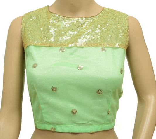 Sushila Vintage Readymade Green Sari Blouse Branded  Net Sequins Crop Top Size36