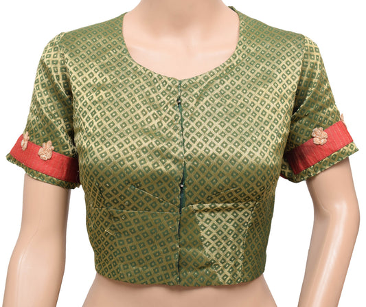 Sushila Vintage Readymade Green Sari Blouse Pure Georgette Woven Floral Top-42"