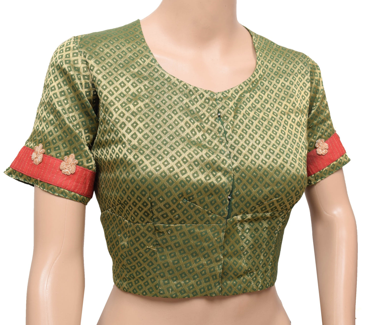 Sushila Vintage Readymade Green Sari Blouse Pure Georgette Woven Floral Top-42"