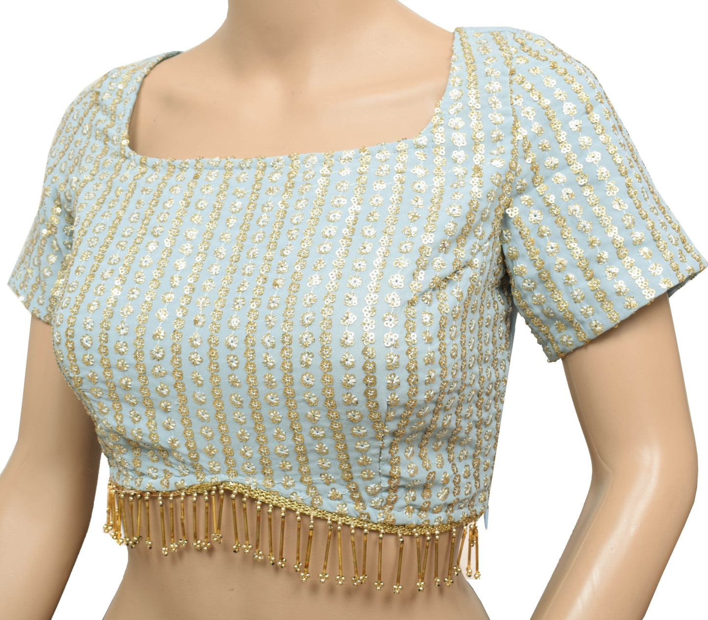 Sushila Vintage Blue Stitched Sari Blouse Sequins Embellish Branded Crop Top-32"