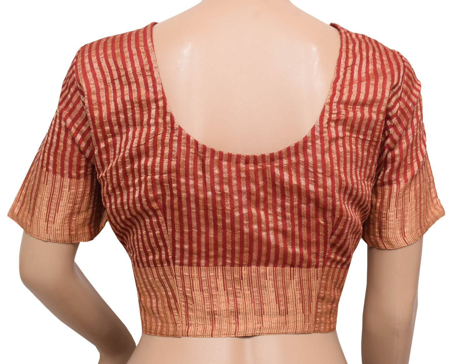 Sushila Vintage Maroon Stitched Sari Blouse Stripes Woven Pure Silk Top Size 44