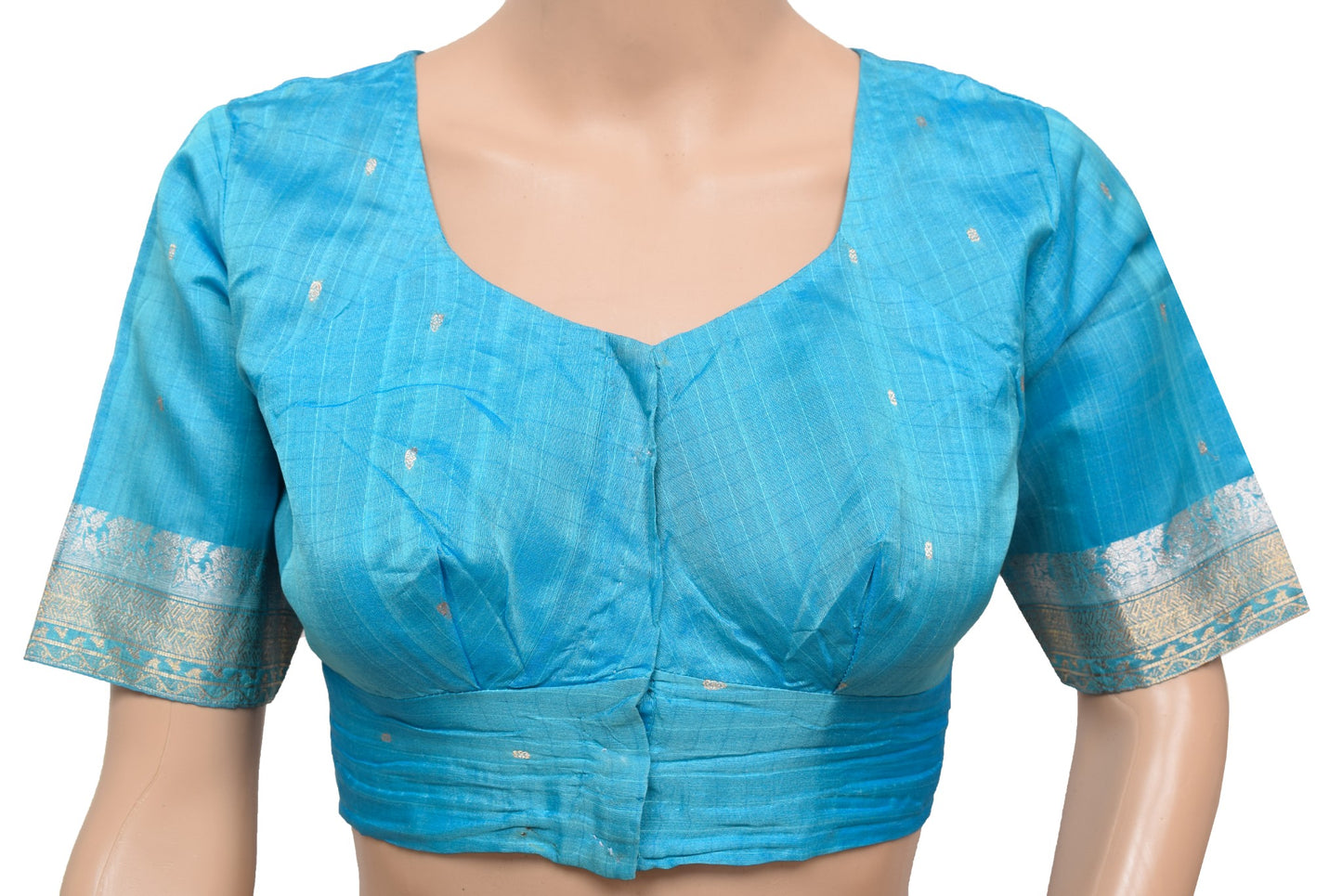 Sushila Vintage Readymade Sari Blouse Turquoise Blue  Pure Silk Woven Top Size36